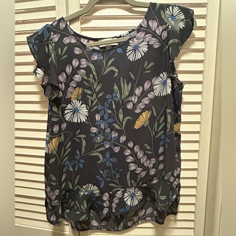 LOFT Dark Gray Floral Print Blouse